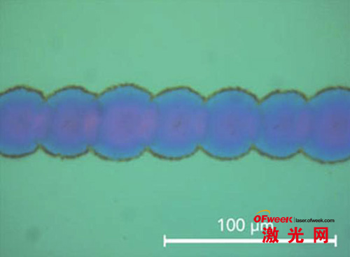 用1μJ，355nm脉冲（能量密度为1.6*Fth）在200 kHz频率下以6 m/s的切割速度切割LEP材料